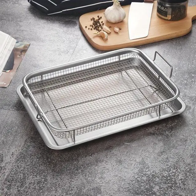 Alt view image 4 of 5 - 2Pack Stainless Steel Baking Tray with Mesh Basket, Crisper Air Fryer Basket, Rectangular Mesh Drain Basket for Oven Baking Roasting