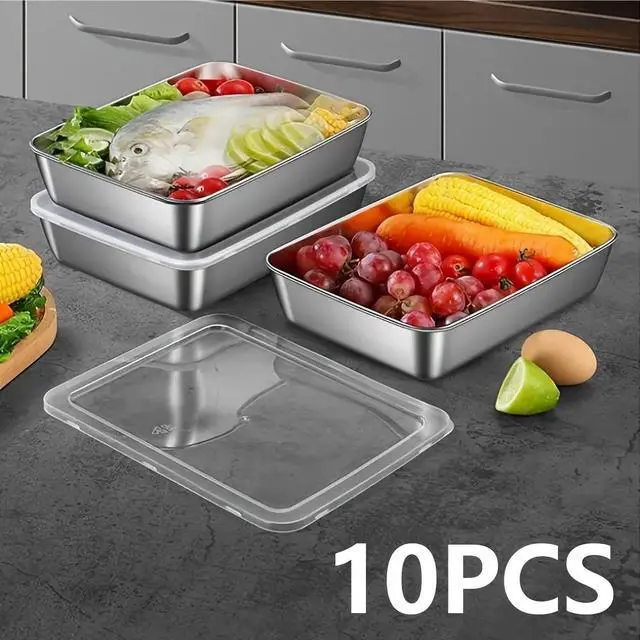 Alt view image 6 of 7 - Flip-Top Stainless Steel Food Storage Containers Set of 10, Microwave-Safe Meal Prep Containers, Fridge Organizer for Fruits & Meat, Portable Storage Boxes for School, Outdoor & Kitchen Organization