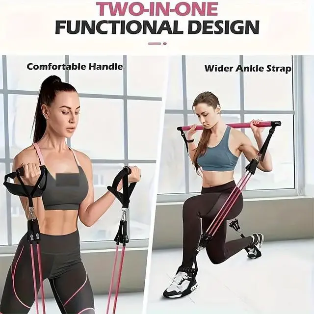 Alt view image 3 of 6 - Portable Pilates Bar Kit, 8 Pcs with 140 Lbs 4 Resistance Bands, Ankle Straps and Drawstring Bag, Home Fitness Workout Equipment for Men and Women