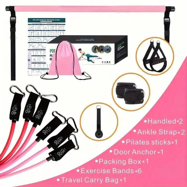 Alt view image 4 of 6 - Portable Pilates Bar Kit, 8 Pcs with 140 Lbs 4 Resistance Bands, Ankle Straps and Drawstring Bag, Home Fitness Workout Equipment for Men and Women