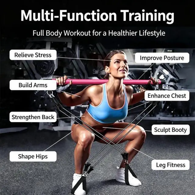 Alt view image 5 of 6 - Portable Pilates Bar Kit, 8 Pcs with 140 Lbs 4 Resistance Bands, Ankle Straps and Drawstring Bag, Home Fitness Workout Equipment for Men and Women