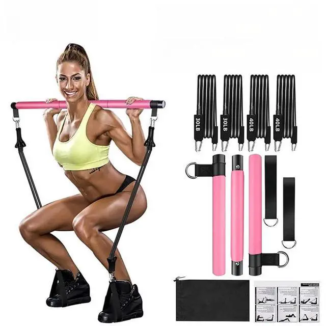 Alt view image 6 of 6 - Portable Pilates Bar Kit, 8 Pcs with 140 Lbs 4 Resistance Bands, Ankle Straps and Drawstring Bag, Home Fitness Workout Equipment for Men and Women