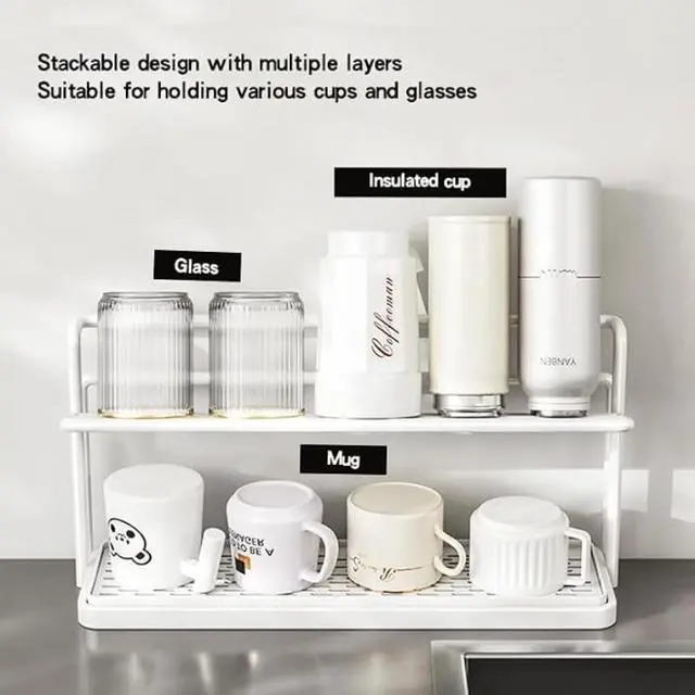 Alt view image 2 of 7 - Countertop DoubleLayer Cup Holder, Metal Mug Drying Stand with Drainage Tray, Kitchen Organizer for Tumblers, Mugs and Water Bottles
