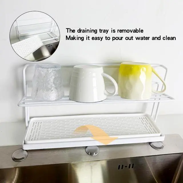 Alt view image 4 of 7 - Countertop DoubleLayer Cup Holder, Metal Mug Drying Stand with Drainage Tray, Kitchen Organizer for Tumblers, Mugs and Water Bottles