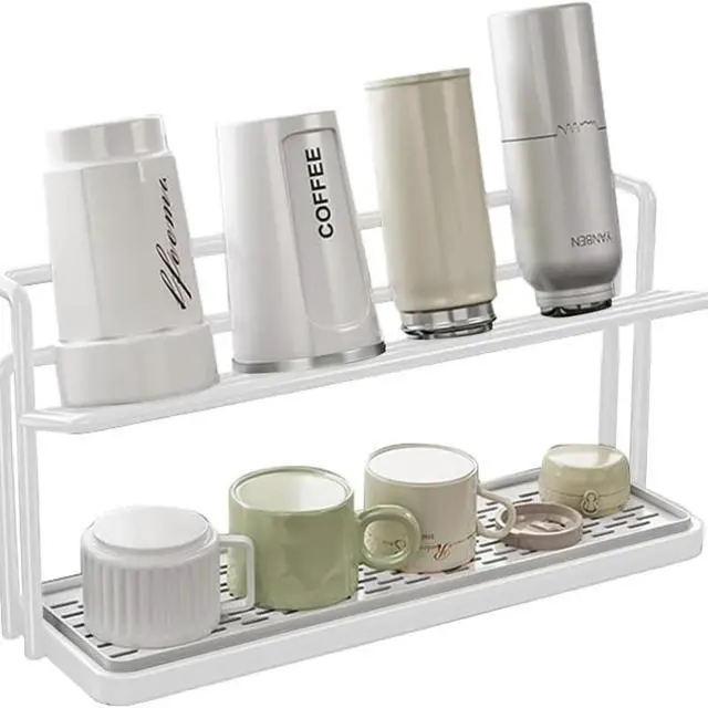 Alt view image 5 of 7 - Countertop DoubleLayer Cup Holder, Metal Mug Drying Stand with Drainage Tray, Kitchen Organizer for Tumblers, Mugs and Water Bottles