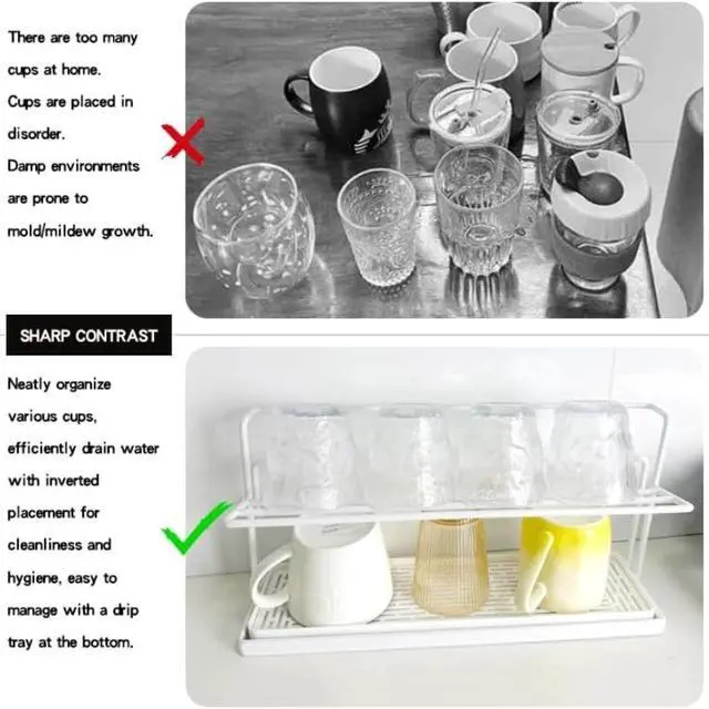 Alt view image 6 of 7 - Countertop DoubleLayer Cup Holder, Metal Mug Drying Stand with Drainage Tray, Kitchen Organizer for Tumblers, Mugs and Water Bottles
