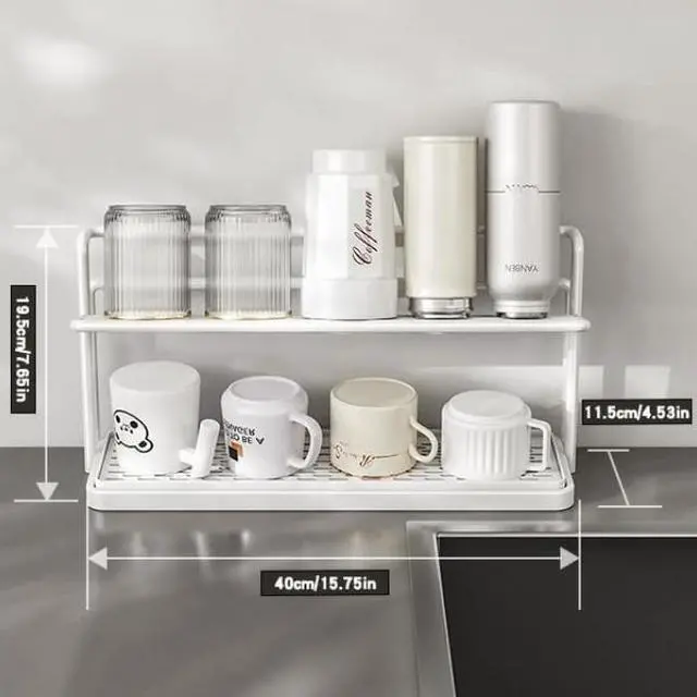 Alt view image 7 of 7 - Countertop DoubleLayer Cup Holder, Metal Mug Drying Stand with Drainage Tray, Kitchen Organizer for Tumblers, Mugs and Water Bottles