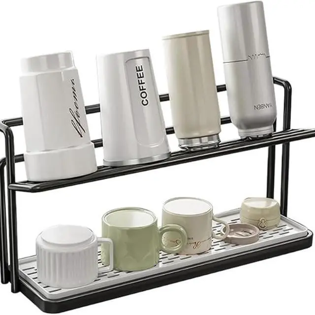 Alt view image 2 of 7 - Countertop DoubleLayer Cup Holder, Metal Mug Drying Stand with Drainage Tray, Kitchen Organizer for Tumblers, Mugs and Water Bottles