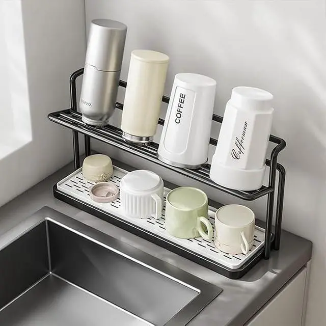 Alt view image 3 of 7 - Countertop DoubleLayer Cup Holder, Metal Mug Drying Stand with Drainage Tray, Kitchen Organizer for Tumblers, Mugs and Water Bottles