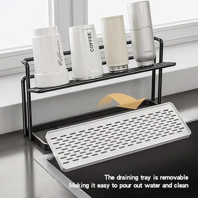 Alt view image 4 of 7 - Countertop DoubleLayer Cup Holder, Metal Mug Drying Stand with Drainage Tray, Kitchen Organizer for Tumblers, Mugs and Water Bottles