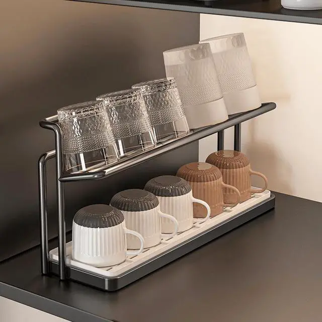 Alt view image 5 of 7 - Countertop DoubleLayer Cup Holder, Metal Mug Drying Stand with Drainage Tray, Kitchen Organizer for Tumblers, Mugs and Water Bottles