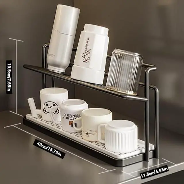 Alt view image 6 of 7 - Countertop DoubleLayer Cup Holder, Metal Mug Drying Stand with Drainage Tray, Kitchen Organizer for Tumblers, Mugs and Water Bottles