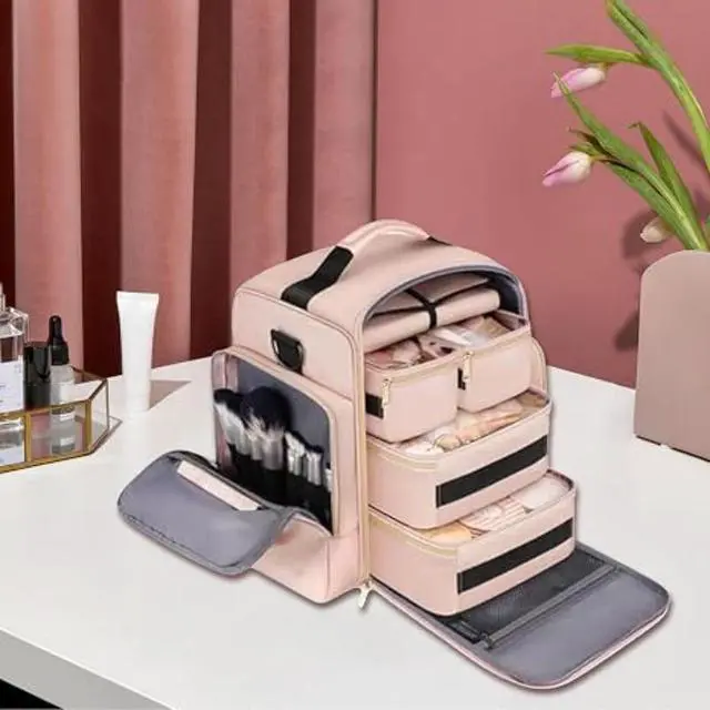 Alt view image 2 of 5 - Large Capacity Travel Makeup Bag, MultiLayer Cosmetic Organizer Case, Portable Waterproof Toiletry Bag with Multiple Compartments for Women