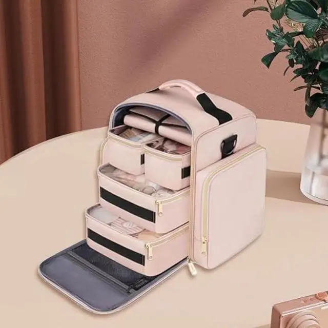Alt view image 3 of 5 - Large Capacity Travel Makeup Bag, MultiLayer Cosmetic Organizer Case, Portable Waterproof Toiletry Bag with Multiple Compartments for Women