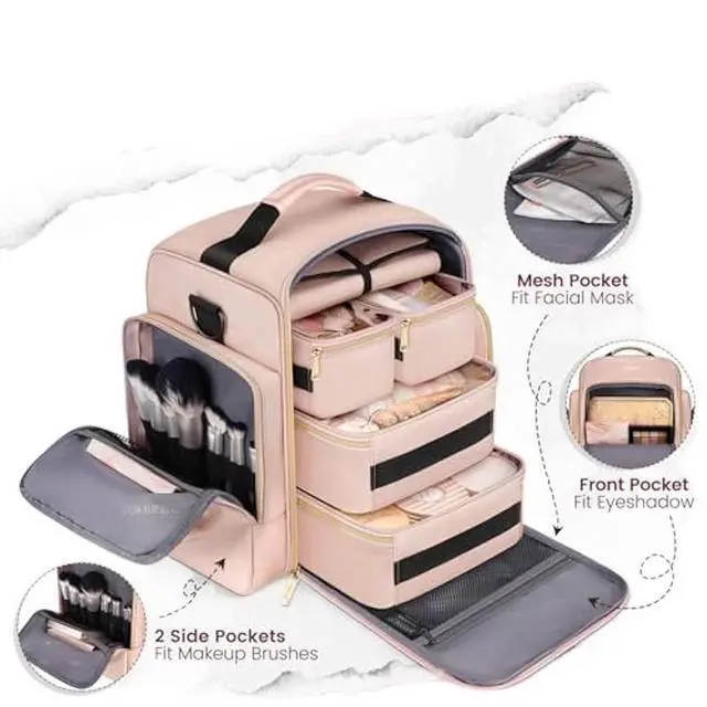Alt view image 5 of 5 - Large Capacity Travel Makeup Bag, MultiLayer Cosmetic Organizer Case, Portable Waterproof Toiletry Bag with Multiple Compartments for Women