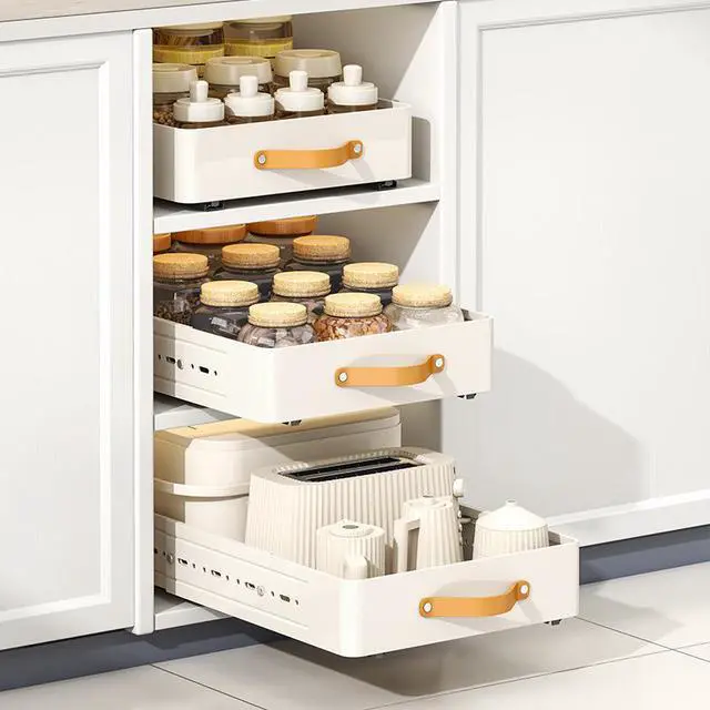 Alt view image 5 of 5 - Adjustable PullOut Cabinet Storage Basket, Expandable SlideOut Drawer Organizer, EasyGrip Handle Kitchen Pantry Storage for Cabinets