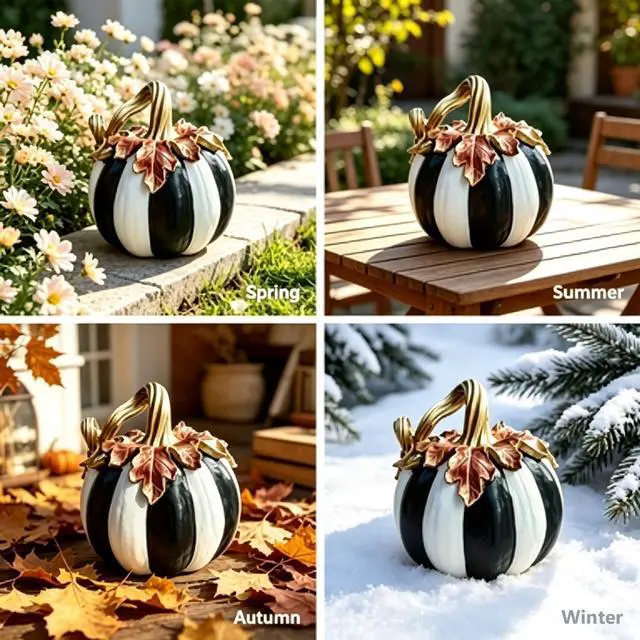 Alt view image 5 of 7 - Charming Resin Pumpkin Ornament, Black White Plaid Pumpkin Tabletop Decor, Multipurpose Indoor Outdoor Home Centerpiece for Halloween Thanksgiving Fall Decor