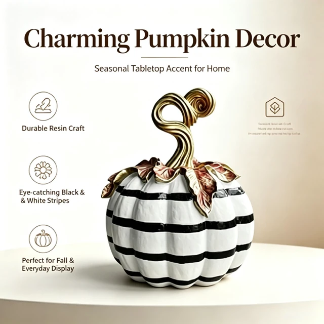 Alt view image 3 of 6 - Charming Resin Pumpkin Ornament, Black White Plaid Pumpkin Tabletop Decor, Multipurpose Indoor Outdoor Home Centerpiece for Halloween Thanksgiving Fall Decor