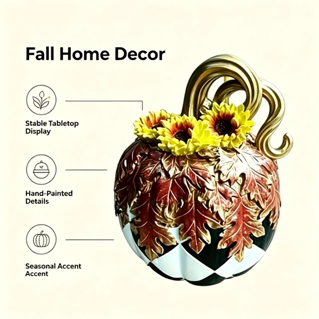 Alt view image 3 of 5 - Charming Resin Pumpkin Ornament, Black White Plaid Pumpkin Tabletop Decor, Multipurpose Indoor Outdoor Home Centerpiece for Halloween Thanksgiving Fall Decor