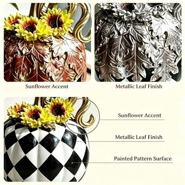 Alt view image 4 of 5 - Charming Resin Pumpkin Ornament, Black White Plaid Pumpkin Tabletop Decor, Multipurpose Indoor Outdoor Home Centerpiece for Halloween Thanksgiving Fall Decor
