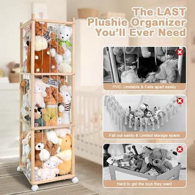 Alt view image 3 of 7 - Rolling Stuffed Animal Storage Tower, Wooden 4Shelf Toy Holder with Mesh Panel, Kids Plush Doll Display Organizer for Playroom Bedroom