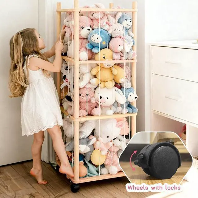 Alt view image 4 of 7 - Rolling Stuffed Animal Storage Tower, Wooden 4Shelf Toy Holder with Mesh Panel, Kids Plush Doll Display Organizer for Playroom Bedroom