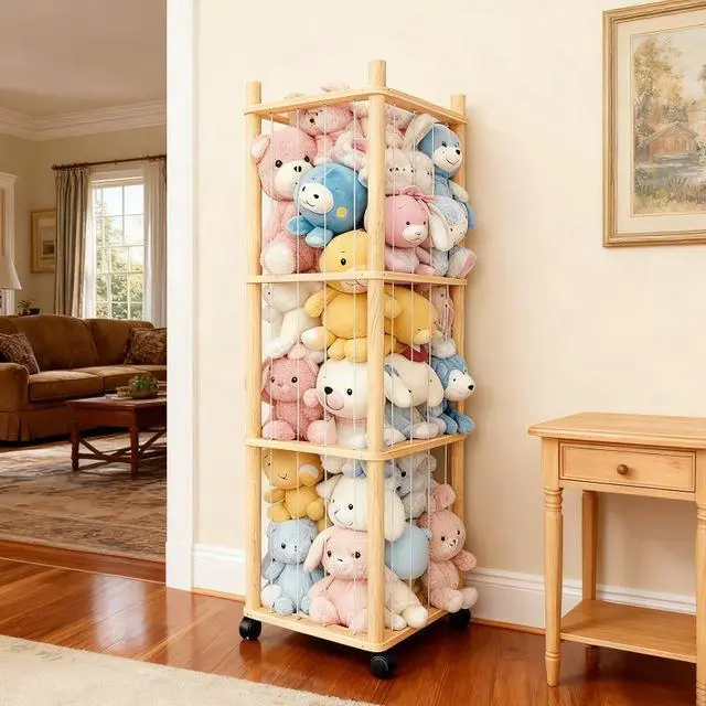 Alt view image 2 of 7 - Rolling Stuffed Animal Storage Tower, Wooden 4Shelf Toy Holder with Mesh Panel, Kids Plush Doll Display Organizer for Playroom Bedroom