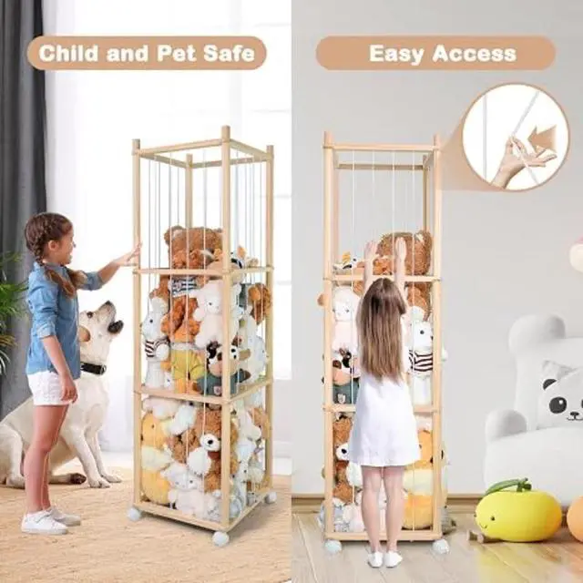 Alt view image 5 of 7 - Rolling Stuffed Animal Storage Tower, Wooden 4Shelf Toy Holder with Mesh Panel, Kids Plush Doll Display Organizer for Playroom Bedroom