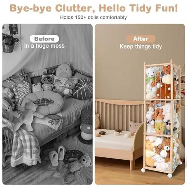Alt view image 6 of 7 - Rolling Stuffed Animal Storage Tower, Wooden 4Shelf Toy Holder with Mesh Panel, Kids Plush Doll Display Organizer for Playroom Bedroom