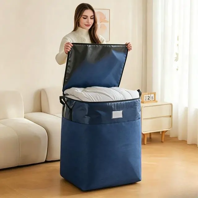 Alt view image 2 of 7 - 104L Large Capacity Clothes Storage Bag, Reinforced Handle Quilt Storage Organizer with Zipper, Foldable Clothing Storage Bin for Blankets Comforters Jackets