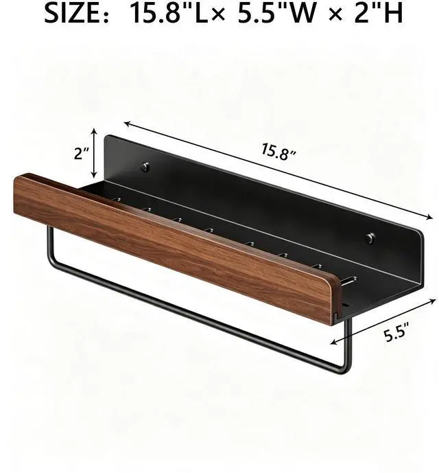 Alt view image 2 of 5 - Walnut Wall Mounted Storage Shelf, No Drill Bathroom Organizer, Wooden Wall Floating Shelf, Waterproof Punch-Free Toilet Vanity Rack for Bathroom, Washroom, Sink Wall Decor & Storage