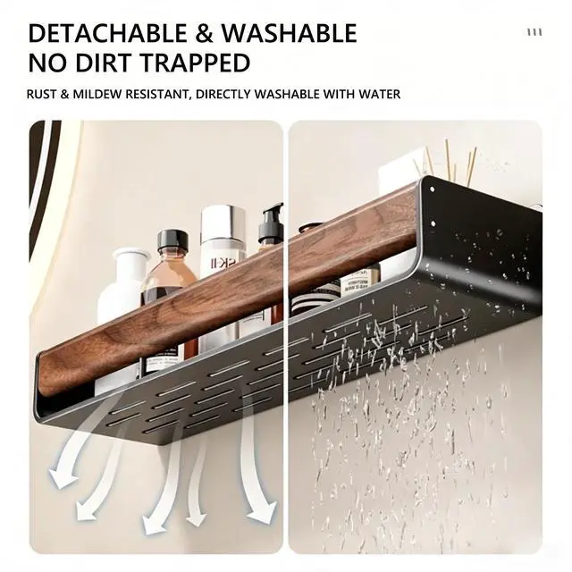 Alt view image 3 of 5 - Walnut Wall Mounted Storage Shelf, No Drill Bathroom Organizer, Wooden Wall Floating Shelf, Waterproof Punch-Free Toilet Vanity Rack for Bathroom, Washroom, Sink Wall Decor & Storage