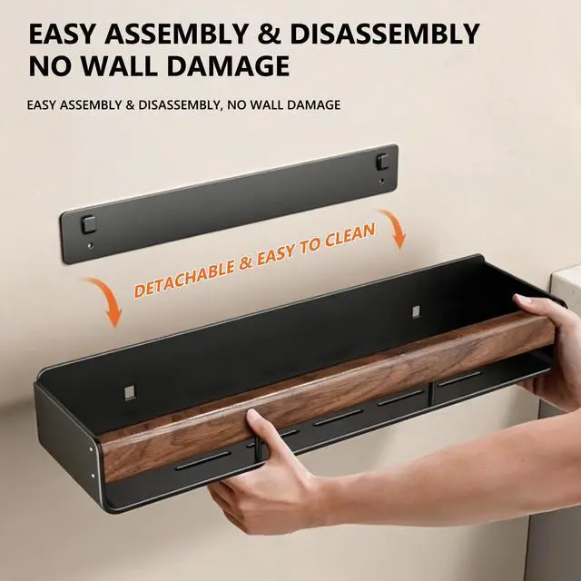 Alt view image 4 of 5 - Walnut Wall Mounted Storage Shelf, No Drill Bathroom Organizer, Wooden Wall Floating Shelf, Waterproof Punch-Free Toilet Vanity Rack for Bathroom, Washroom, Sink Wall Decor & Storage