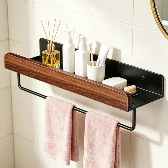 Alt view image 5 of 5 - Walnut Wall Mounted Storage Shelf, No Drill Bathroom Organizer, Wooden Wall Floating Shelf, Waterproof Punch-Free Toilet Vanity Rack for Bathroom, Washroom, Sink Wall Decor & Storage