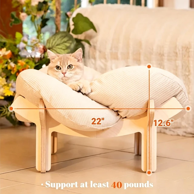 Alt view image 2 of 6 - Minimalist Wooden Cat Bed with Stand, Sturdy Elevated Cat Furniture Frame, Breathable Comfortable Indoor Cat Sleeping Perch