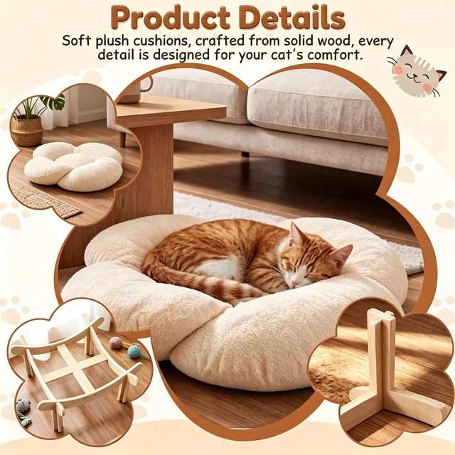 Alt view image 4 of 6 - Minimalist Wooden Cat Bed with Stand, Sturdy Elevated Cat Furniture Frame, Breathable Comfortable Indoor Cat Sleeping Perch