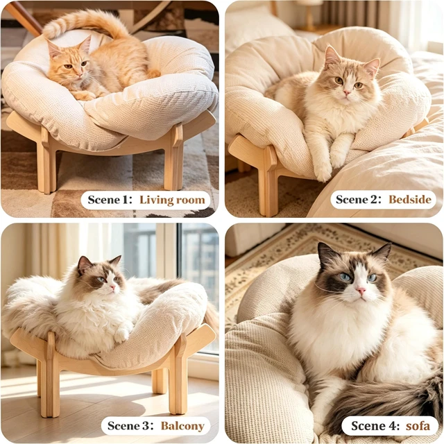 Alt view image 5 of 6 - Minimalist Wooden Cat Bed with Stand, Sturdy Elevated Cat Furniture Frame, Breathable Comfortable Indoor Cat Sleeping Perch