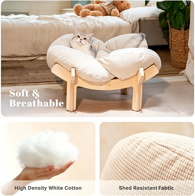 Alt view image 6 of 6 - Minimalist Wooden Cat Bed with Stand, Sturdy Elevated Cat Furniture Frame, Breathable Comfortable Indoor Cat Sleeping Perch