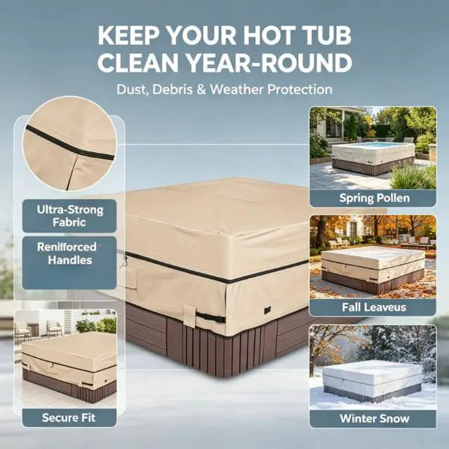 Alt view image 4 of 6 - Light Khaki Square Hot Tub Cover, All Weather Waterproof Outdoor Spa Protector