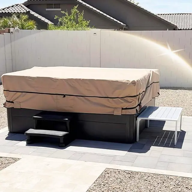Alt view image 6 of 6 - Light Khaki Square Hot Tub Cover, All Weather Waterproof Outdoor Spa Protector