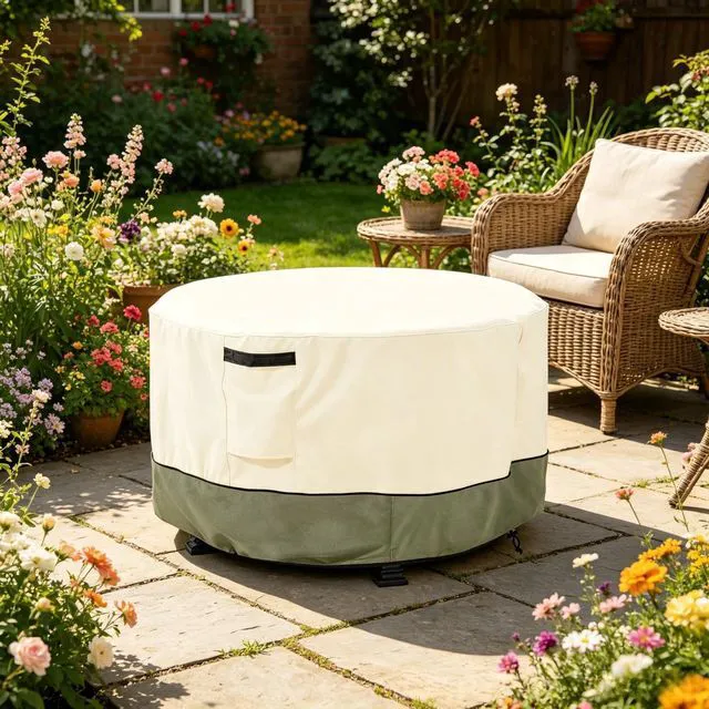 Alt view image 4 of 7 - Beige and Lime Green Spliced Round Table Cover, All Weather Waterproof Outdoor Patio Round Table Protector