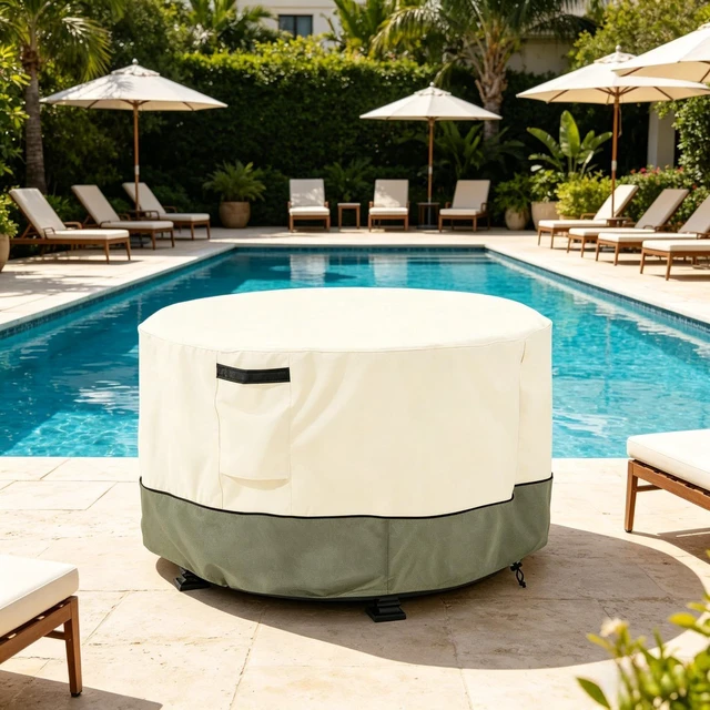 Alt view image 6 of 7 - Beige and Lime Green Spliced Round Table Cover, All Weather Waterproof Outdoor Patio Round Table Protector