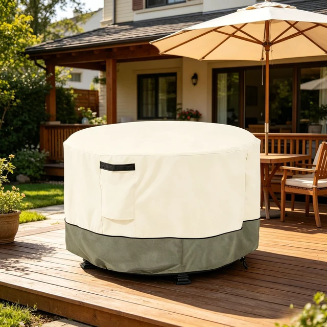 Alt view image 7 of 7 - Beige and Lime Green Spliced Round Table Cover, All Weather Waterproof Outdoor Patio Round Table Protector