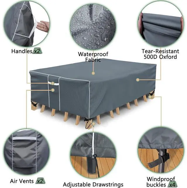Alt view image 5 of 7 - Gray Rectangular Outdoor Patio Furniture Cover, HeavyDuty Oxford Cloth Waterproof Windproof UVResistant Protector with Handles for Garden Table Chair Set