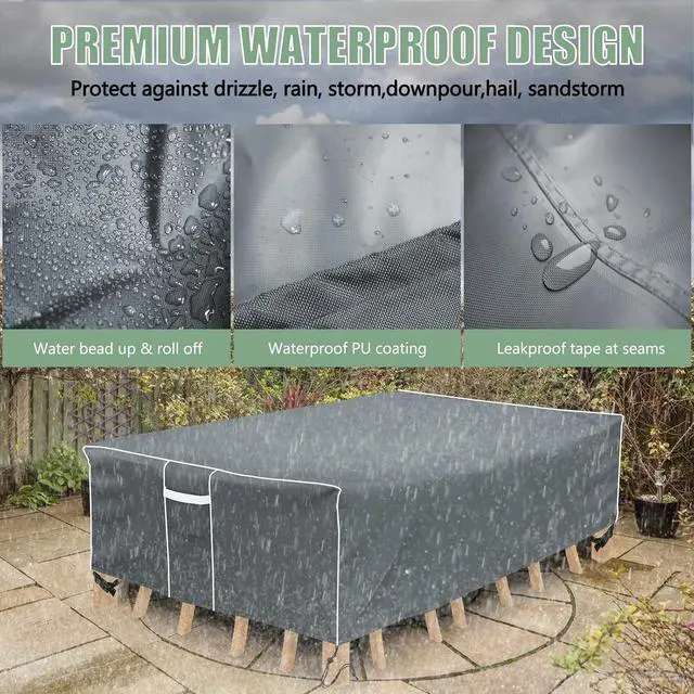 Alt view image 7 of 7 - Gray Rectangular Outdoor Patio Furniture Cover, HeavyDuty Oxford Cloth Waterproof Windproof UVResistant Protector with Handles for Garden Table Chair Set