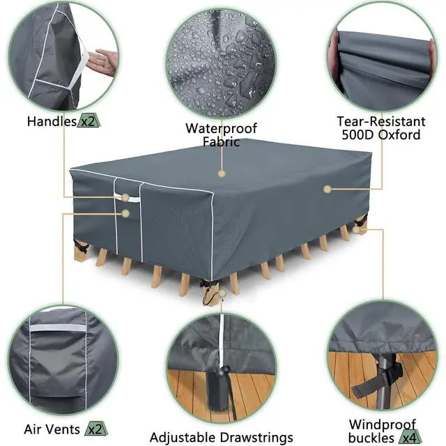 Alt view image 5 of 7 - Gray Rectangular Outdoor Patio Furniture Cover, HeavyDuty Oxford Cloth Waterproof Windproof UVResistant Protector with Handles for Garden Table Chair Set