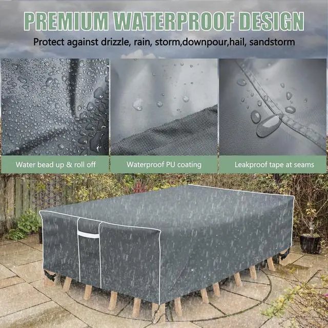 Alt view image 7 of 7 - Gray Rectangular Outdoor Patio Furniture Cover, HeavyDuty Oxford Cloth Waterproof Windproof UVResistant Protector with Handles for Garden Table Chair Set