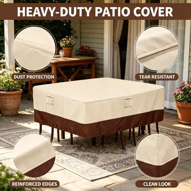 Alt view image 5 of 7 - Square Patio Furniture Set Cover, HeavyDuty Oxford Fabric Waterproof UVResistant Beige & Brown Outdoor Table Chair Set Protector