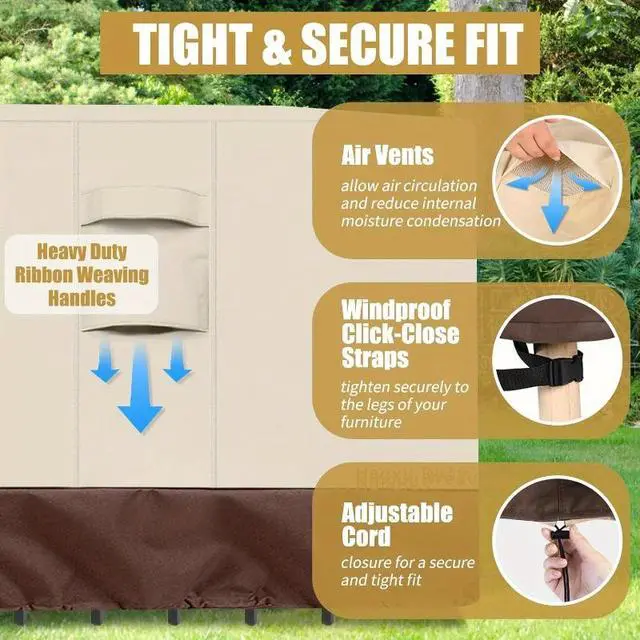 Alt view image 6 of 7 - Square Patio Furniture Set Cover, HeavyDuty Oxford Fabric Waterproof UVResistant Beige & Brown Outdoor Table Chair Set Protector