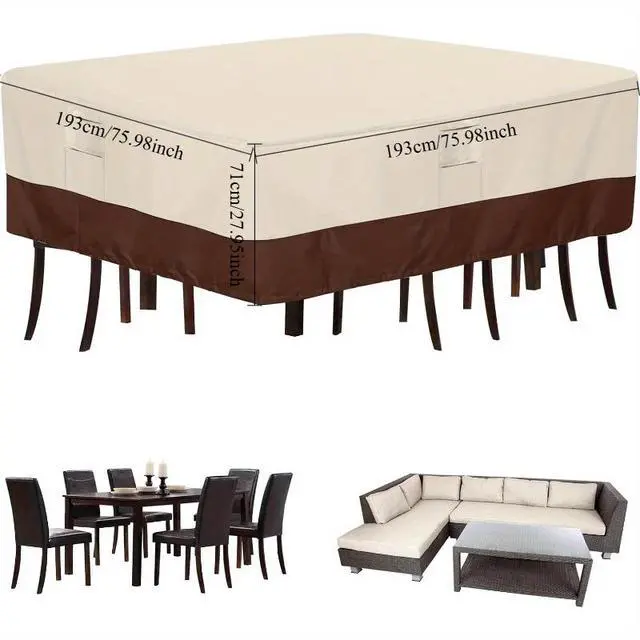 Alt view image 2 of 7 - Square Patio Furniture Set Cover, HeavyDuty Oxford Fabric Waterproof UVResistant Beige & Brown Outdoor Table Chair Set Protector